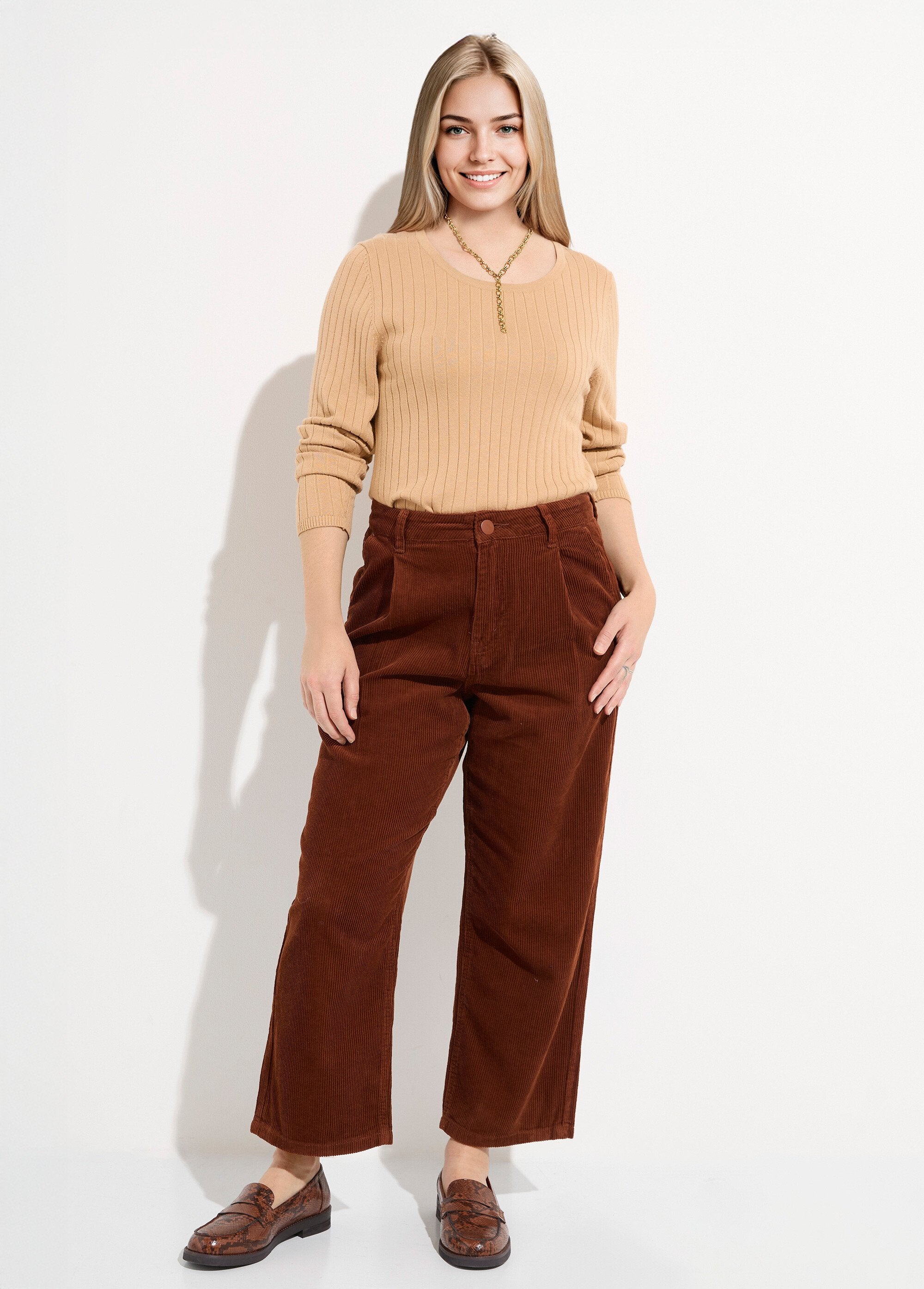 Pantalon_large_velours,_spécial_PETITE_Marron_SF1_slim