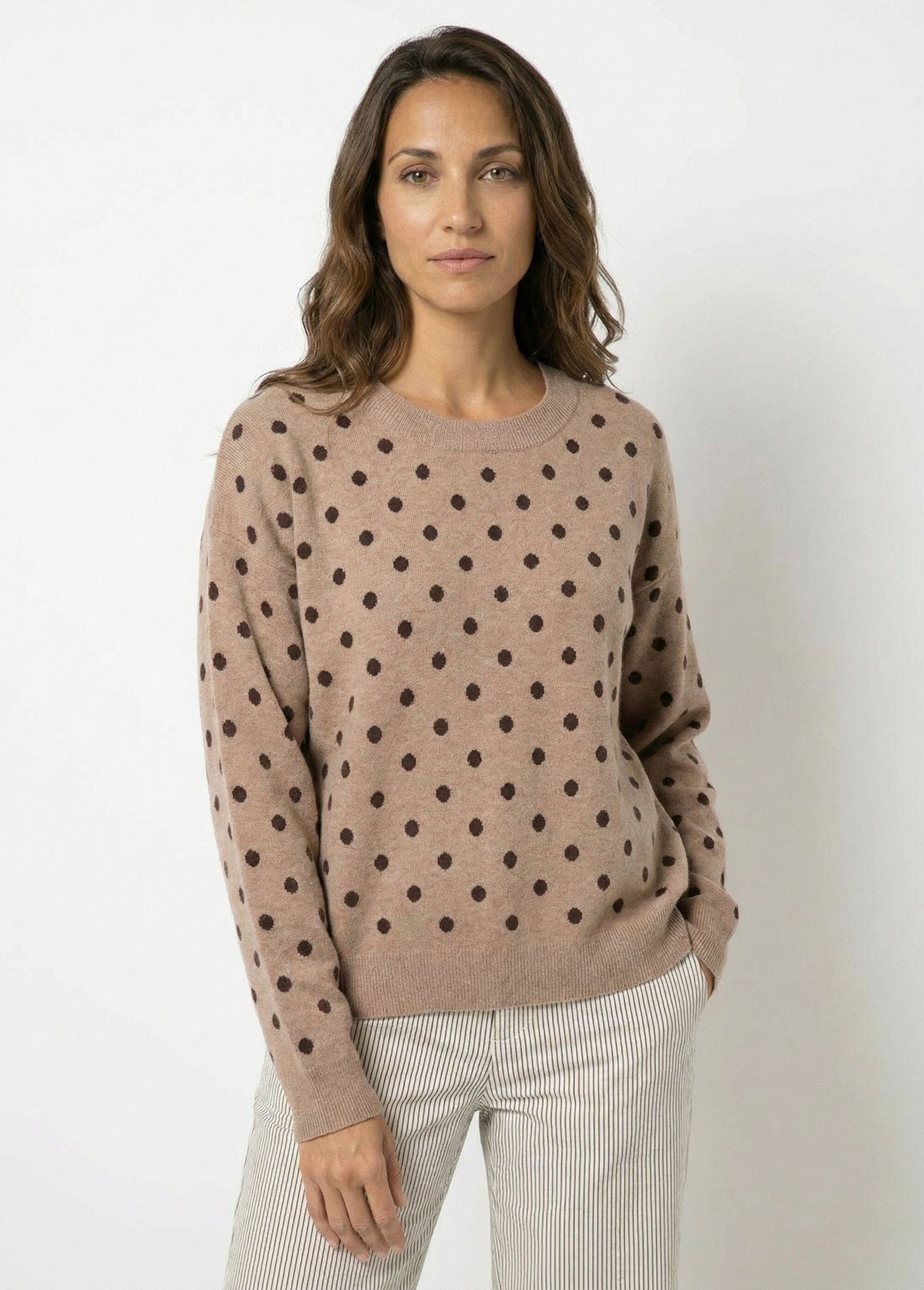 Pull_à_pois_col_rond,_maille_jacquard_Taupe_FA1_slim