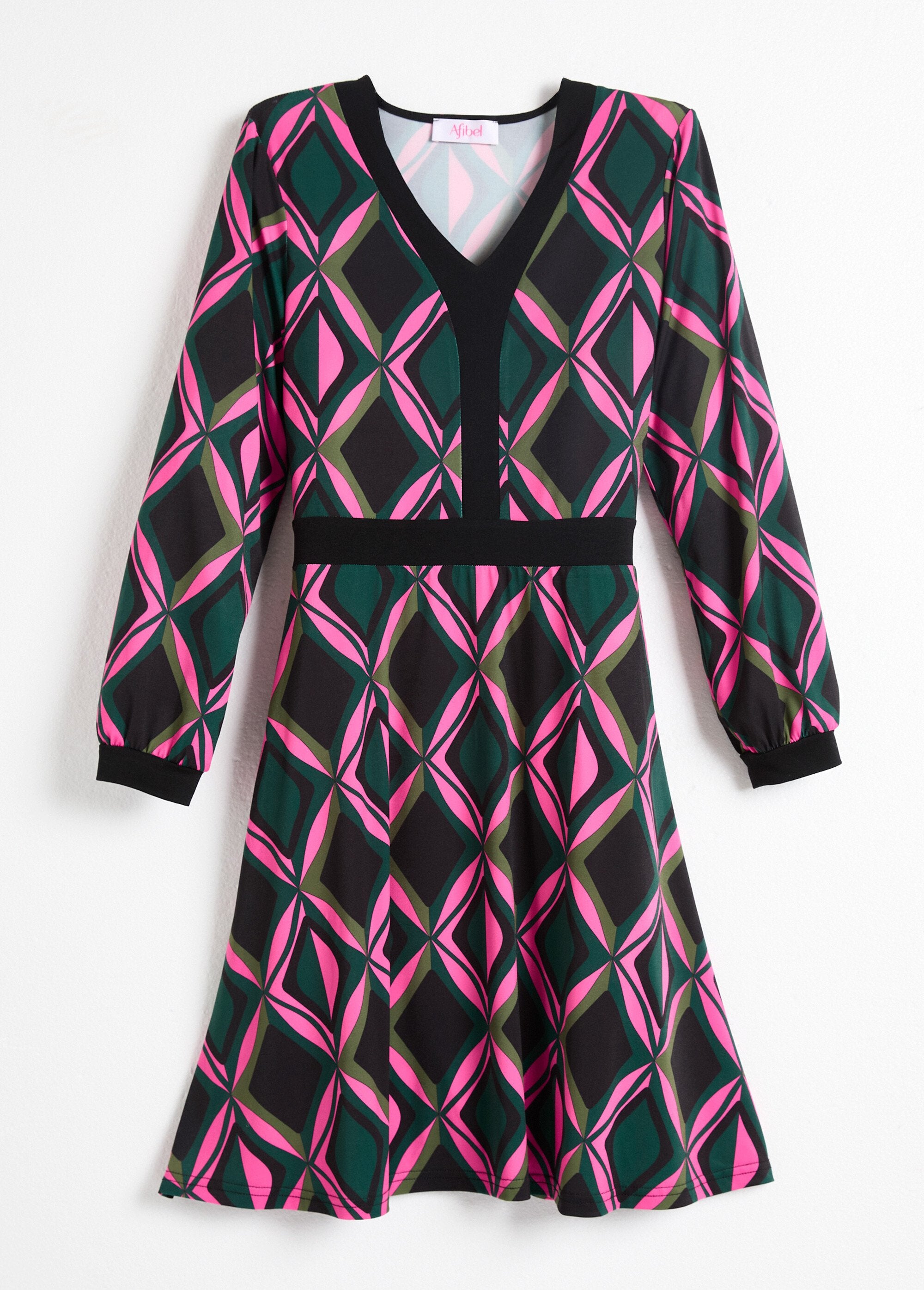 Short_graphic_flared_dress_with_V-neck_Pink_and_green_AP1_slim