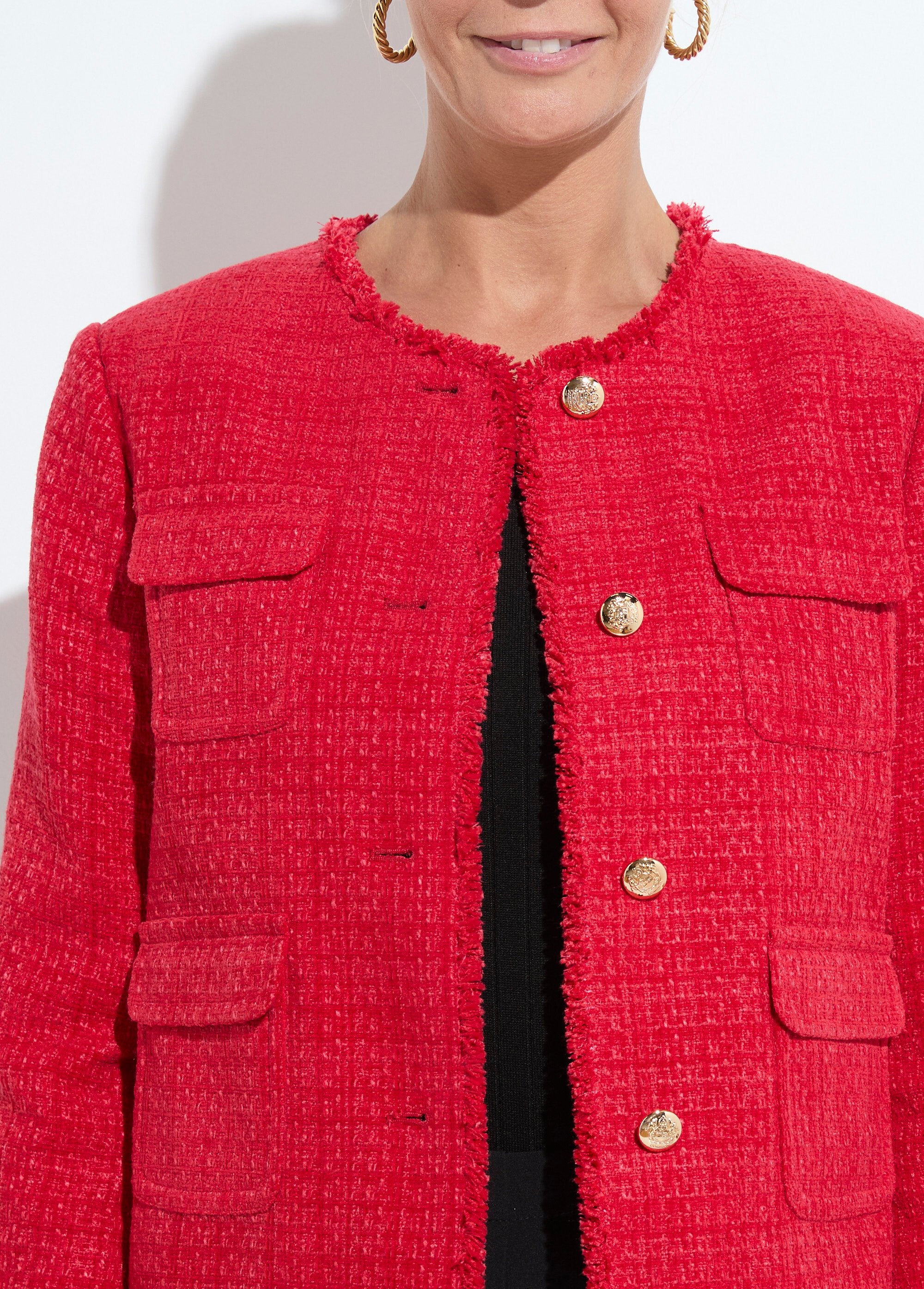 Fringed_button-down_collarless_tweed_jacket_Red_DE1_slim