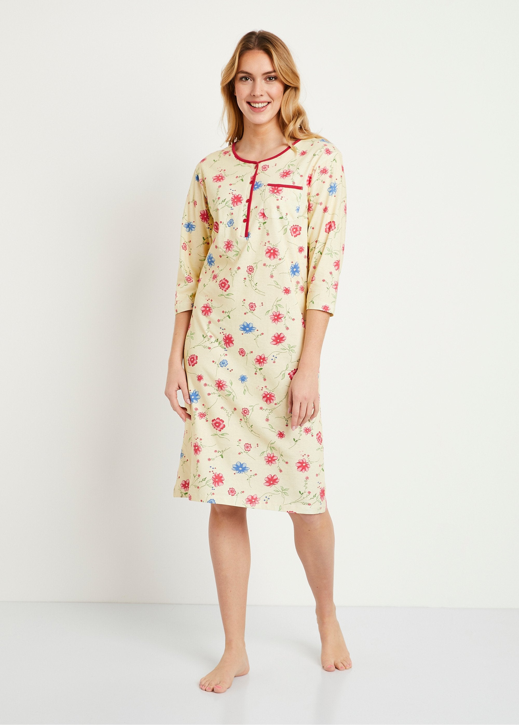 Floral_cotton_nightgown_3/4_sleeves_Yellow_background_FA1_slim