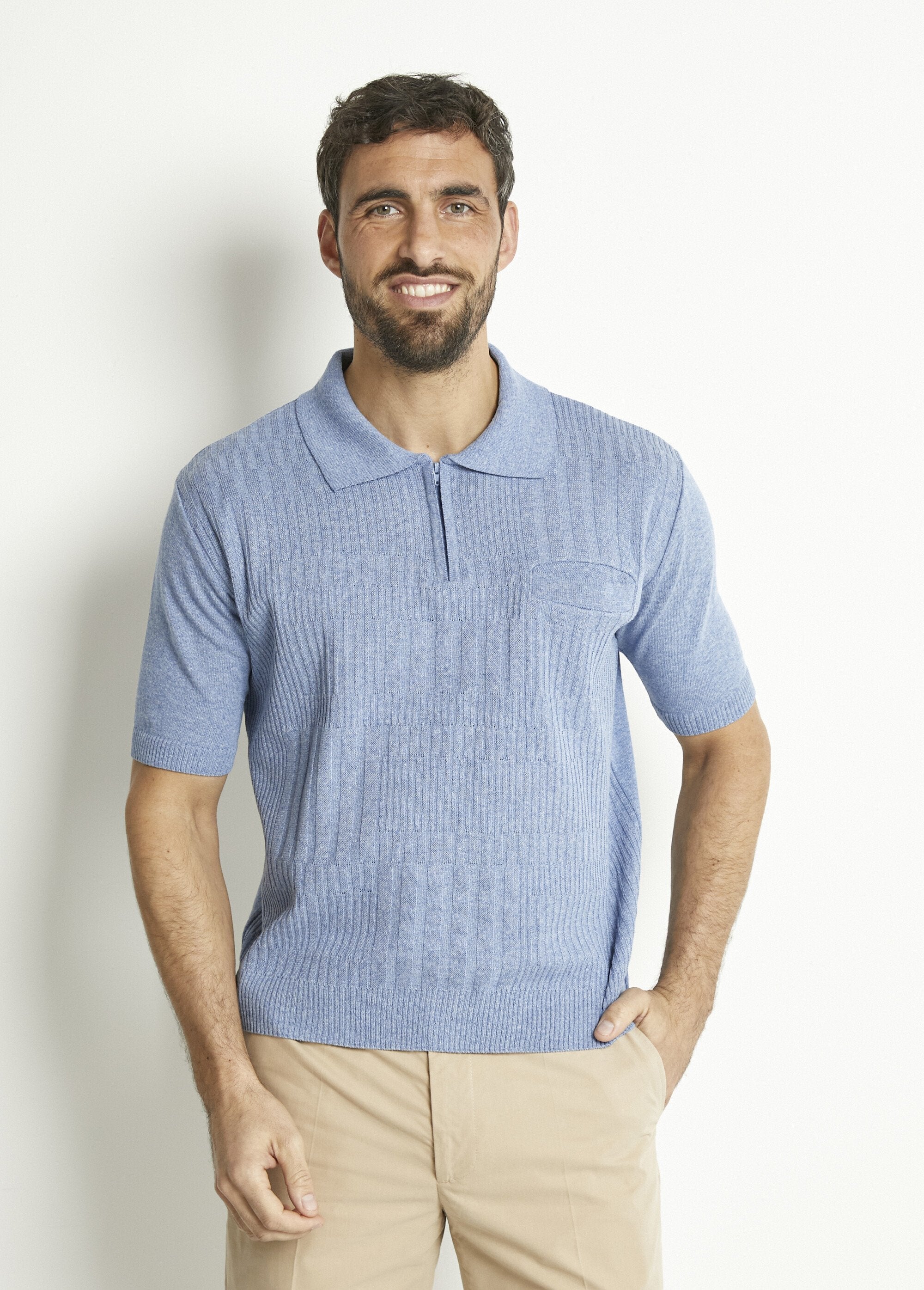 Plain_short-sleeved_zipped_polo_shirt_in_carded_cotton_Jeans_FA1_slim