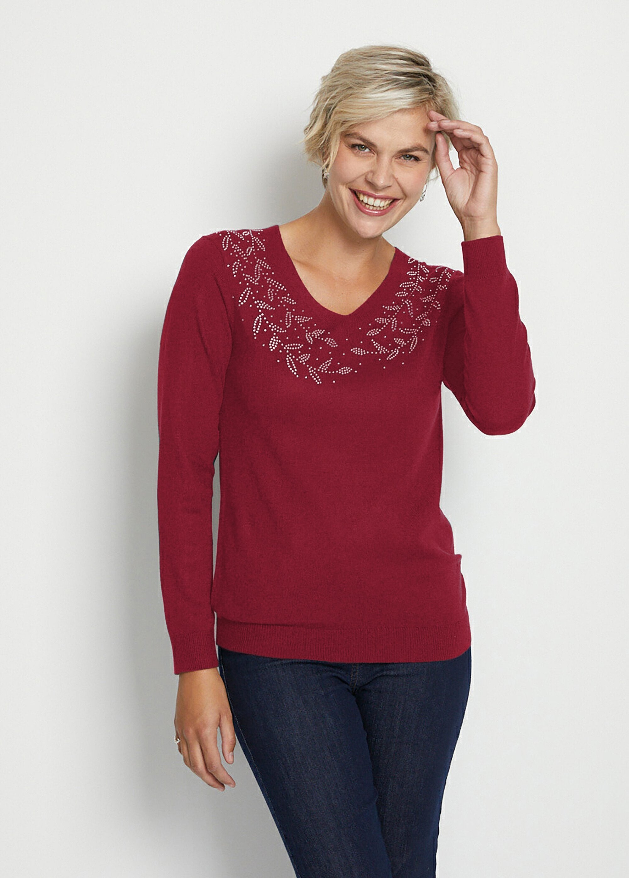 Long-sleeved_rhinestone_V-neck_sweater_Bordeaux_FA1_slim