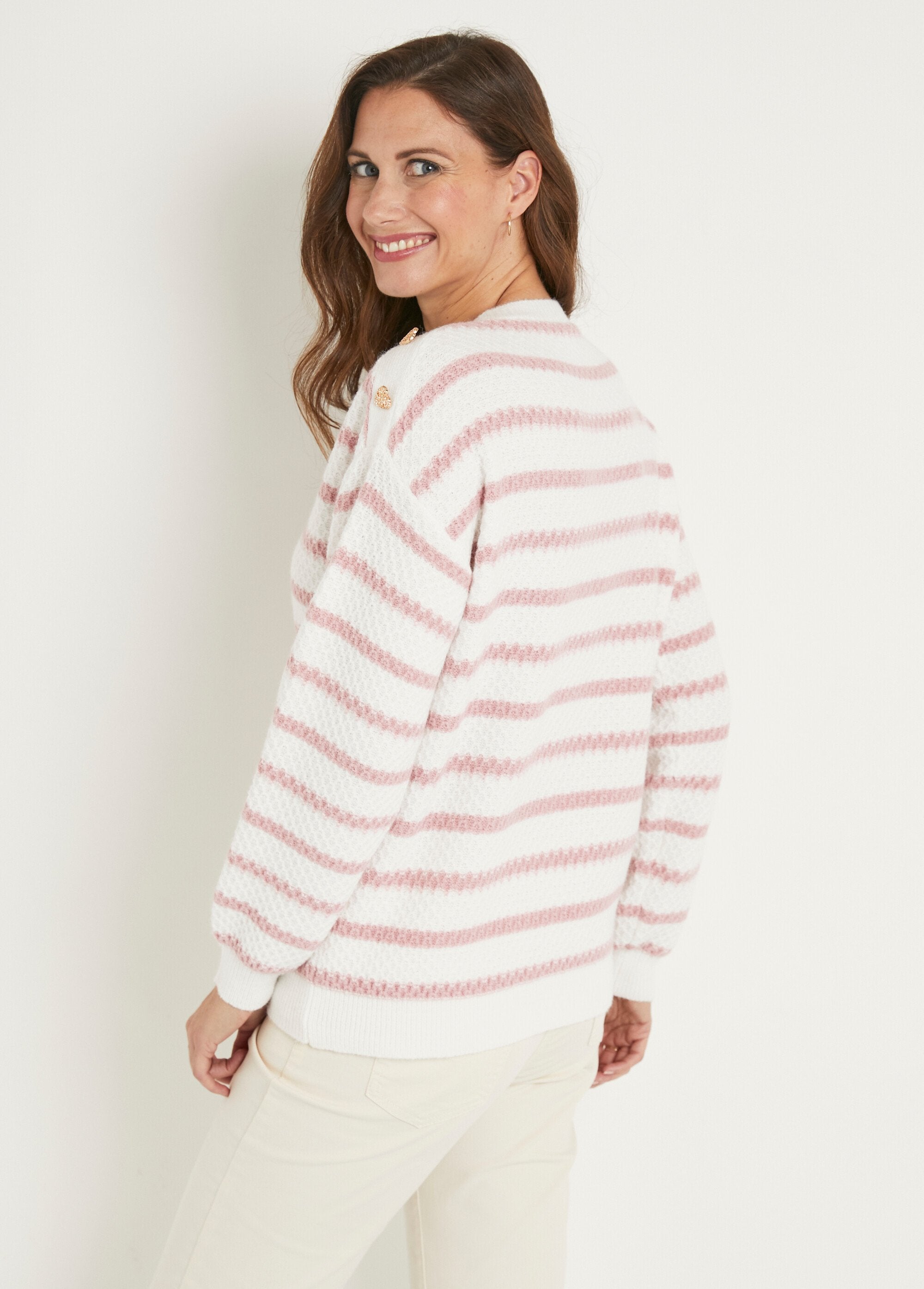 Soft_striped_sweater_round_neck_fancy_knit_Ecru_and_old_pink_DO1_slim