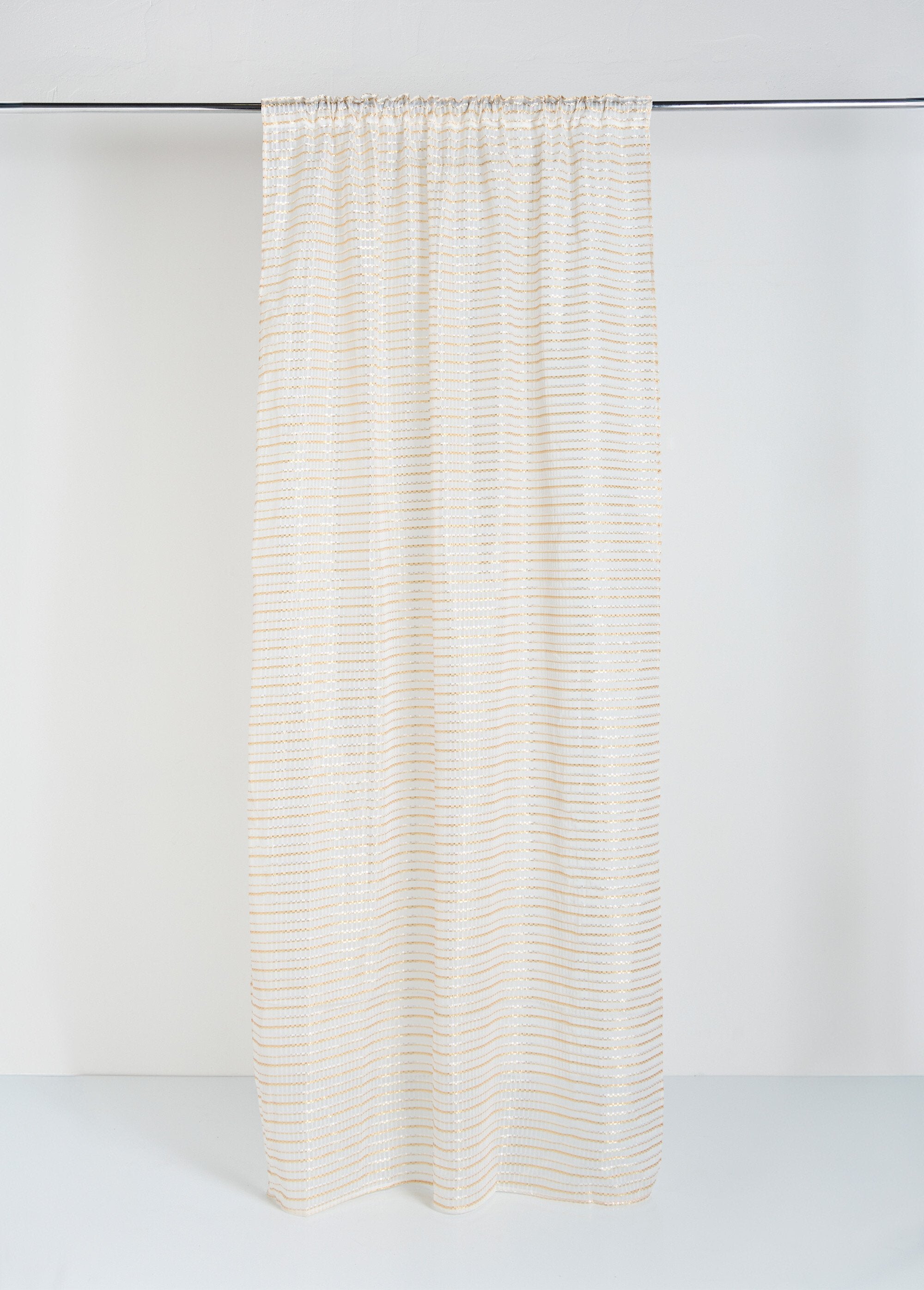 One-panel_curtain_with_gathered_headings,_two-tone_Ochre_stripe_FA1_slim