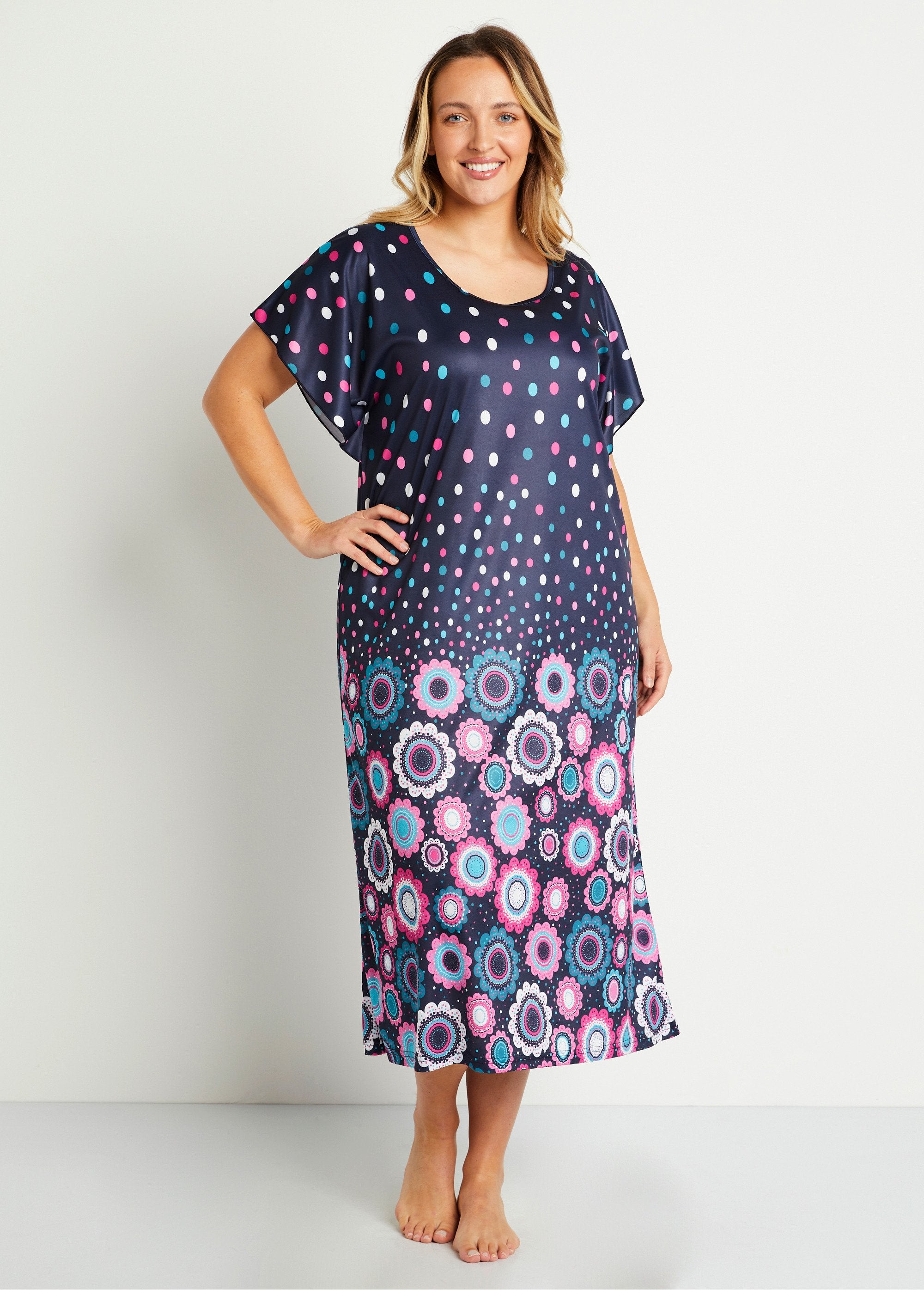 Floral_anti-static_satin_hostess_dress_Printed_FA1_curvy