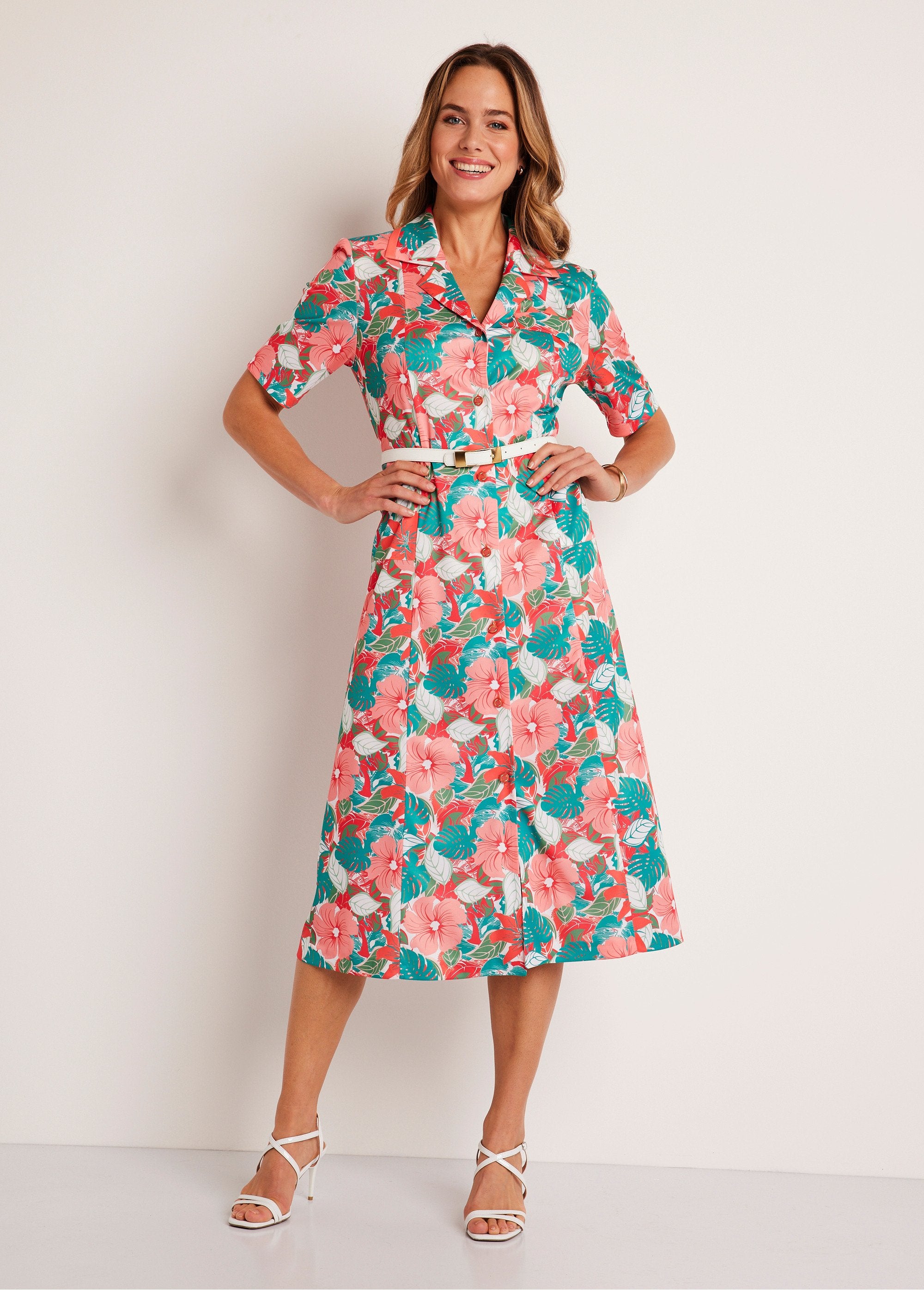 Floral_buttoned_mid-length_straight_dress_Green_and_pink_FA1_slim