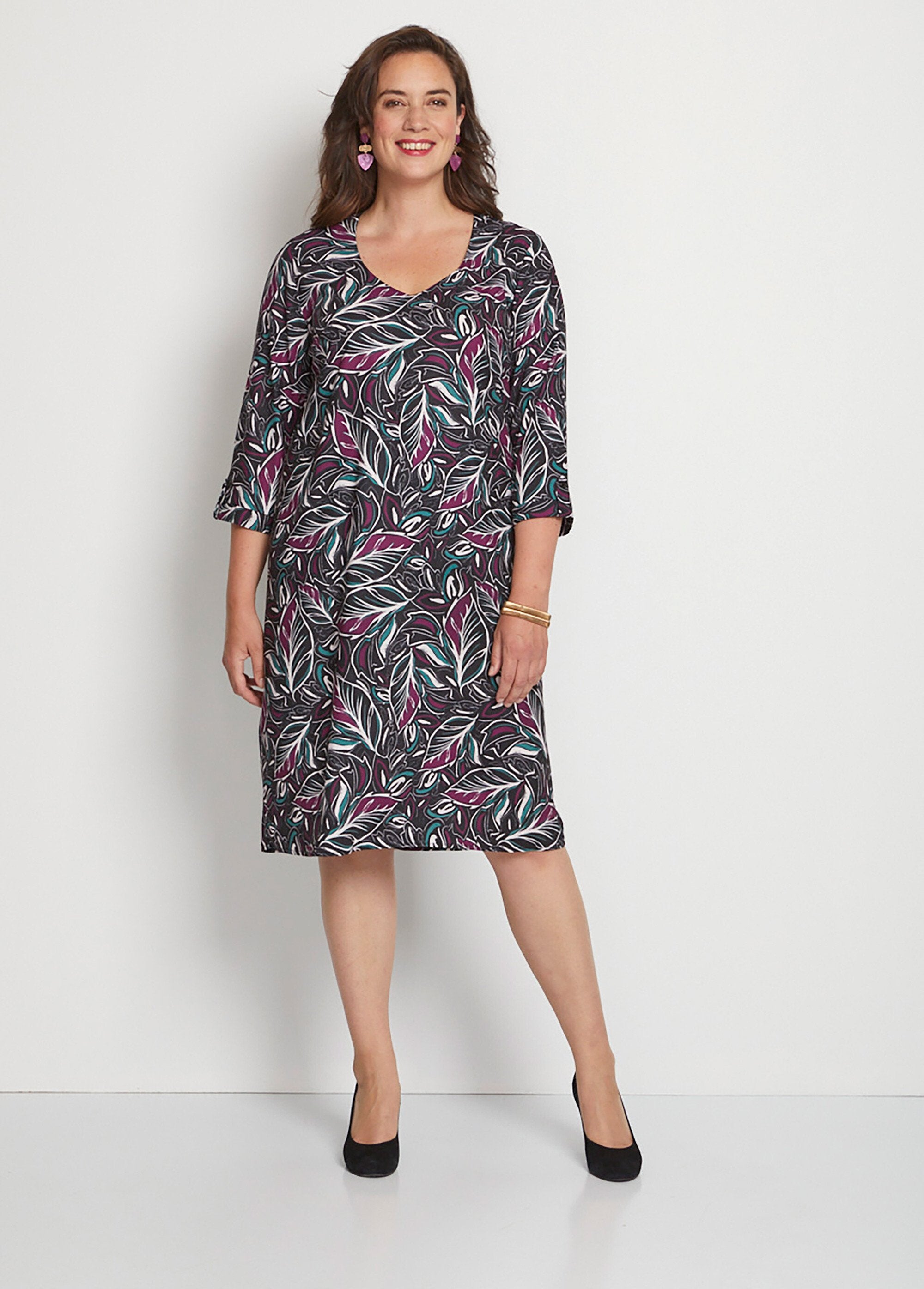 Printed_V-neck_straight_cover_dress_Purple_and_green_print_FA1_curvy