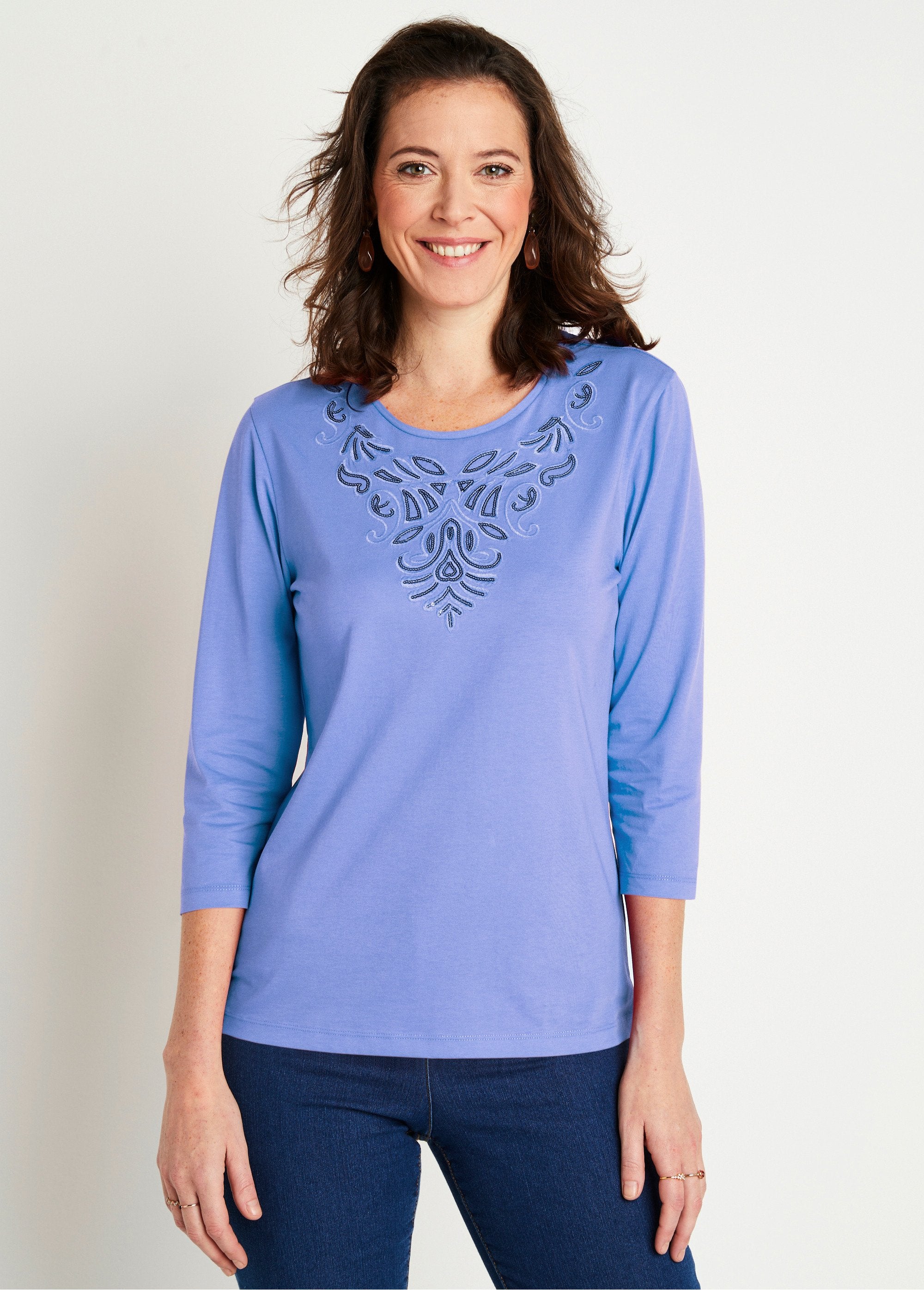 Short_embroidered_t-shirt_with_3/4_sleeves_Blue_FA1_slim