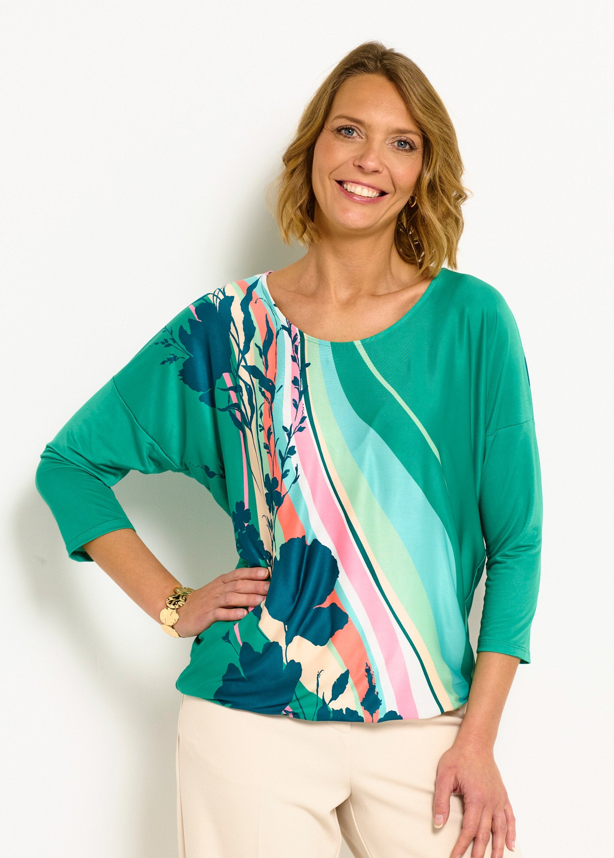 3/4_sleeve_patterned_blouse_T-shirt_Green_and_pink_FA1_slim